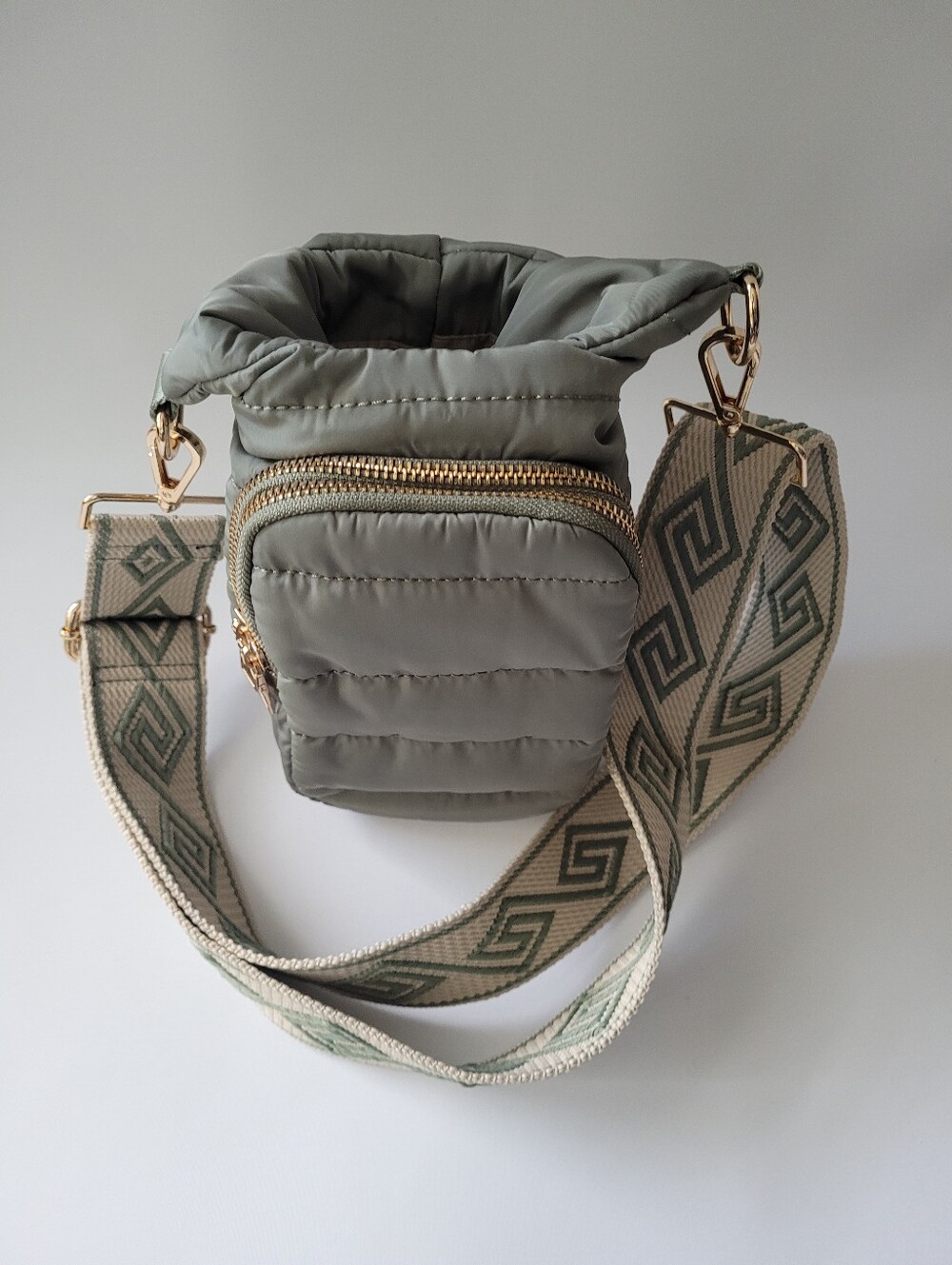 Quilted Crossbody Bag, Patterned Strap - Sage Green - Picture 4 of 5